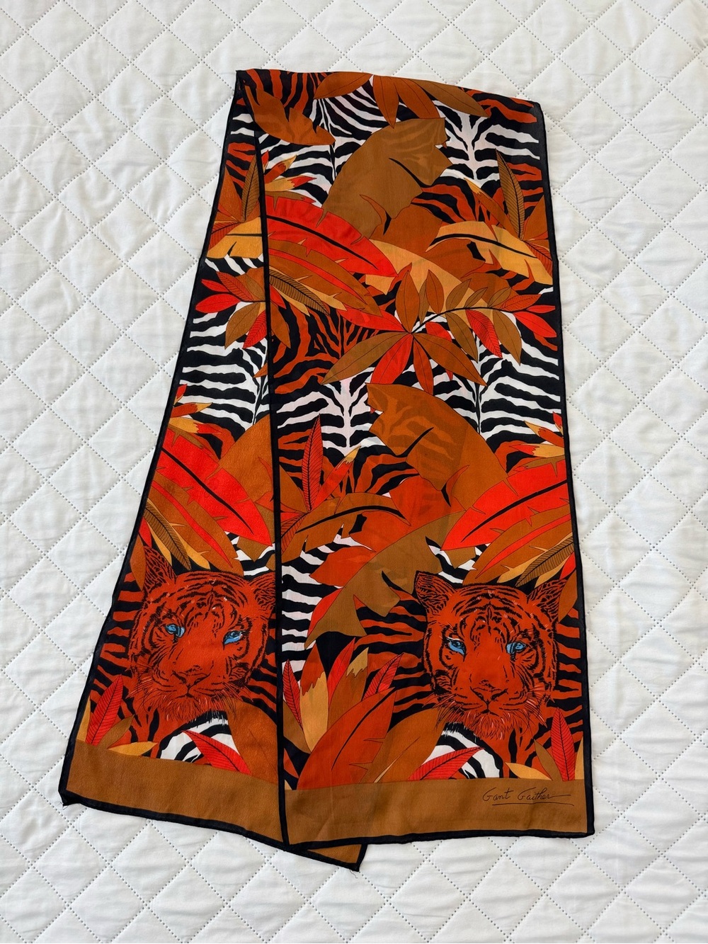Vintage Gant Gaither Tiger Jungle Animal Print Long Scarf 59” Signed